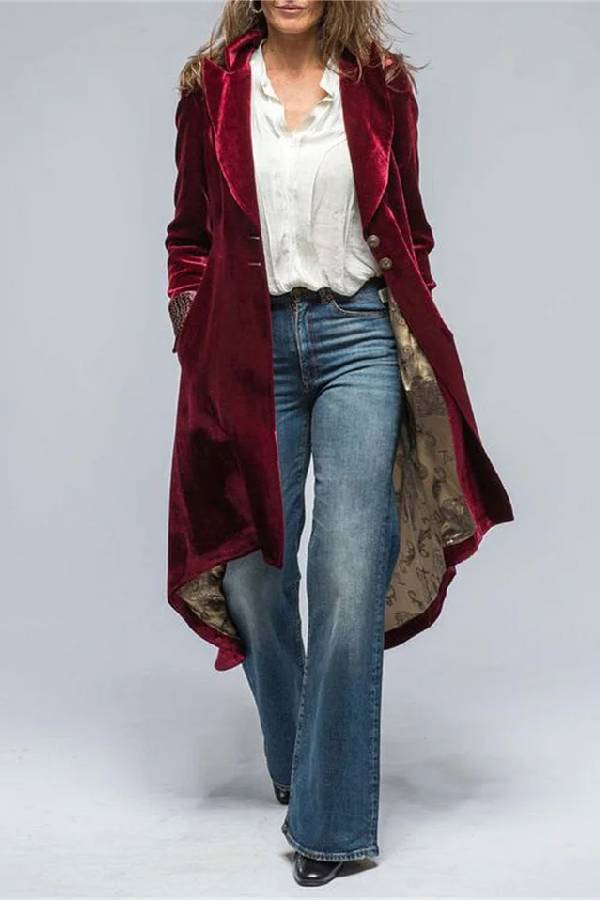 Velvet Long Loose Pocket Slit Coat