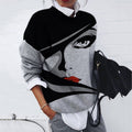 Fashion Abstract Portrait Print Loose Long Sleeve Top elevenforest