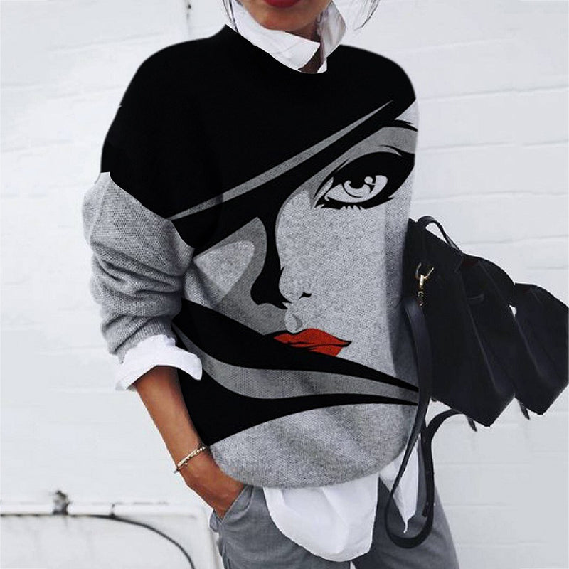 Fashion Abstract Portrait Print Loose Long Sleeve Top elevenforest