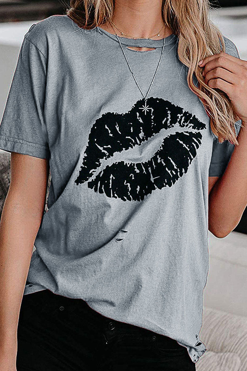 Sweet Print Split Joint O Neck T-shirts(3 Colors)