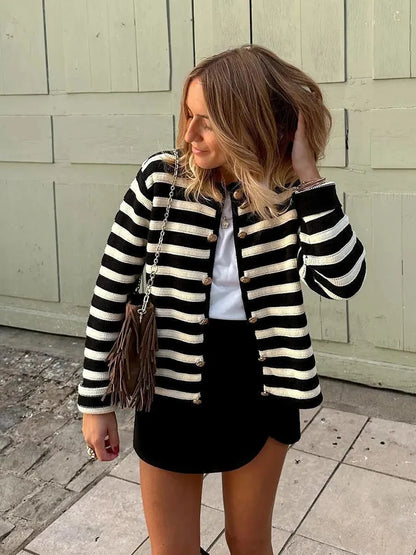 Tossy Zebra Printed Sweater Cardigan Loose Striped High Waist Patchwork Outwear Knitwear Female Coat