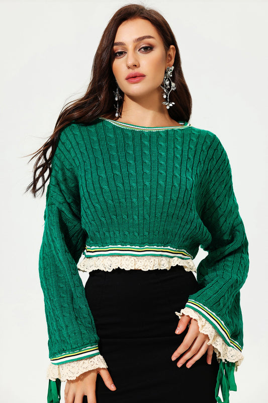 Flared Sleeve Crew Collar Knit Sweater