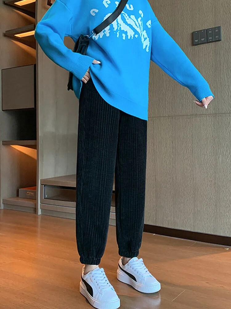 Warm Winter Plush Thick Cashmere Corduroy Pants Female Korean Style Sweatpants Loose Harem Long Trousers Joggers