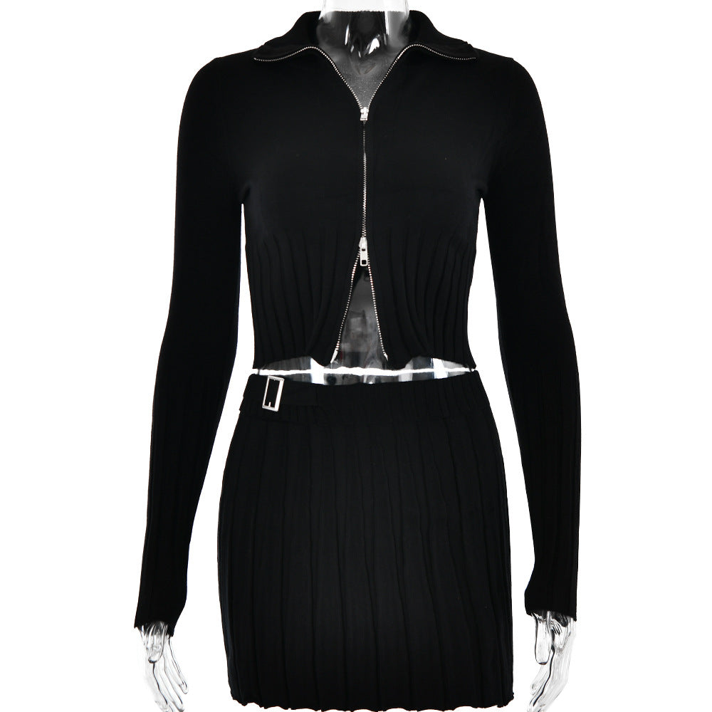 Autumn Winter Knitted Cardigan Long Sleeve Two Piece Set Pleated Skirt Set