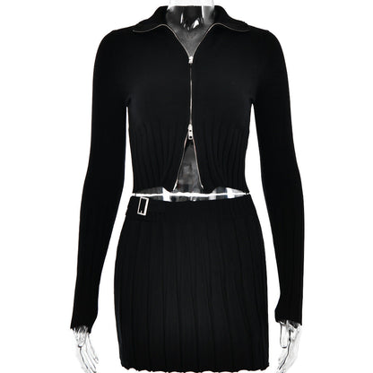 Autumn Winter Knitted Cardigan Long Sleeve Two Piece Set Pleated Skirt Set