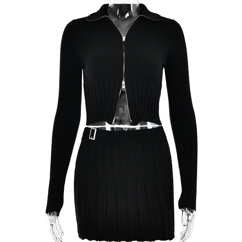 Autumn Winter Knitted Cardigan Long Sleeve Two Piece Set Pleated Skirt Set