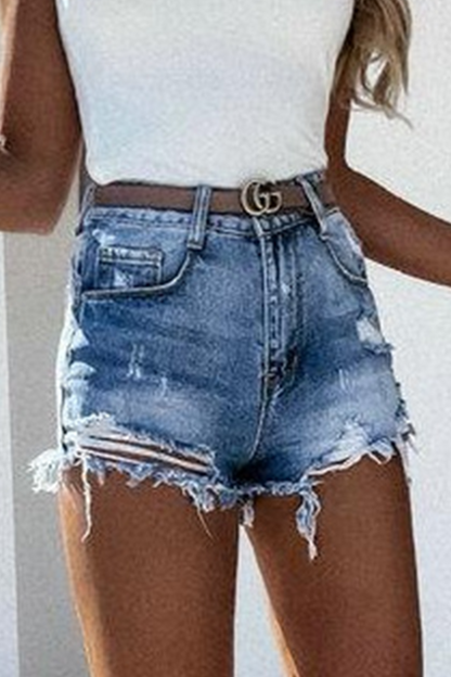 Street Tassel Ripped Mid Waist Denim Shorts
