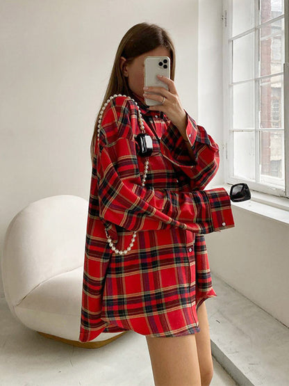 Bright Gingham Shirts for Street Style Shacket Blouses and Tops Single-breasted Autumn