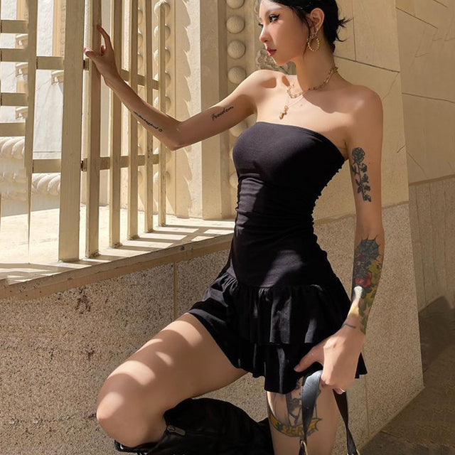 Summer Mini Dress Sleeveless Backless Pleated Bodycon Black Dress Party Strapless A-line Dresses