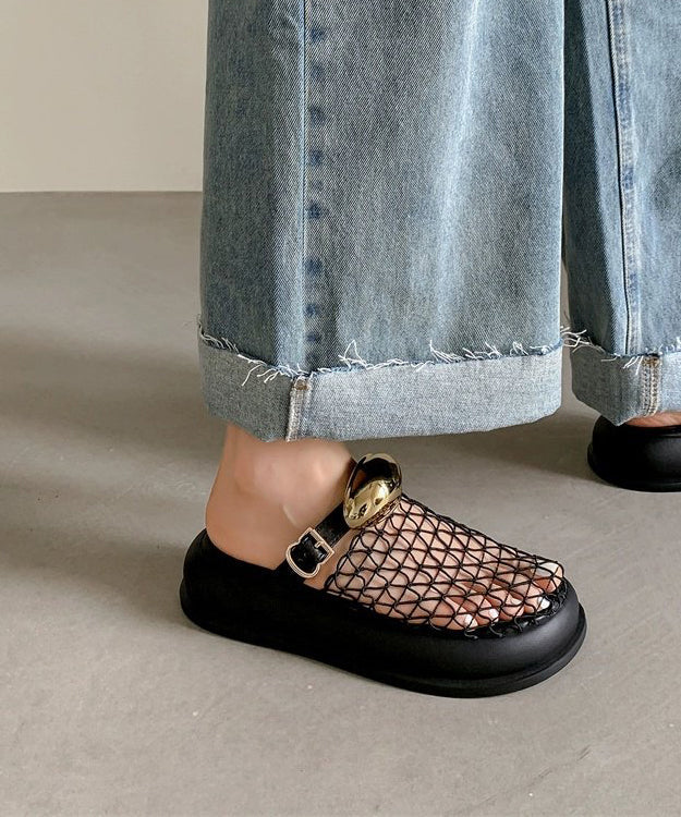 Black Hollow Out Breathable Mesh Platform Slide Sandals Oi075