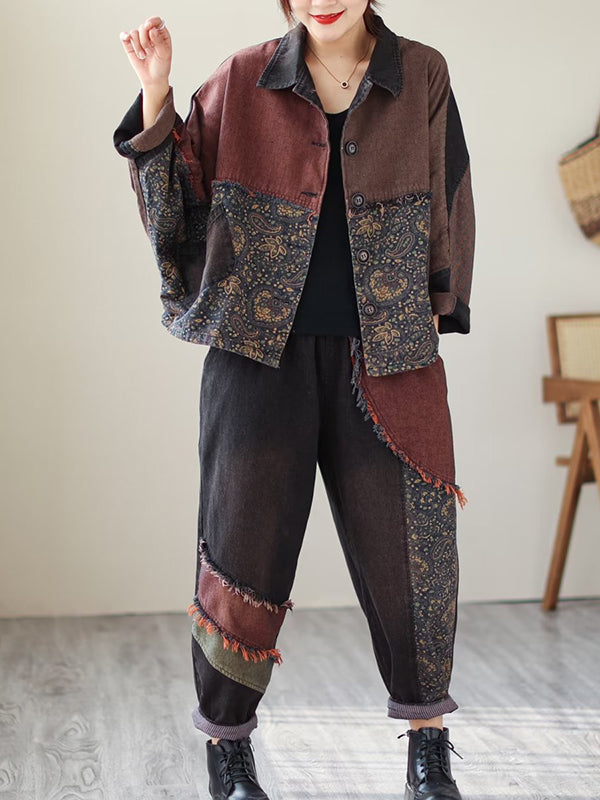 Contrast Color Fringed Split-joint Long Sleeves Printed Outwear + Harem Pants Two Pieces Set