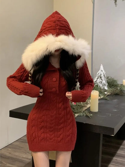 Y2k Knitted Dress Faux Fur Hooded Sweater Christmas Party Mini Dresses Autumn Winter Kawaii Vestidos Mujers New