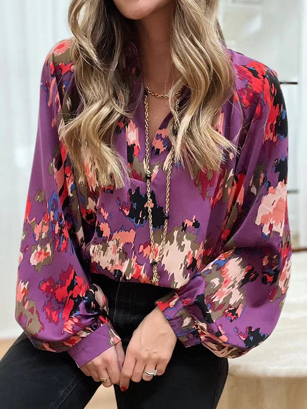 Long Sleeves Loose Printed V-neck Blouses&shirts Tops