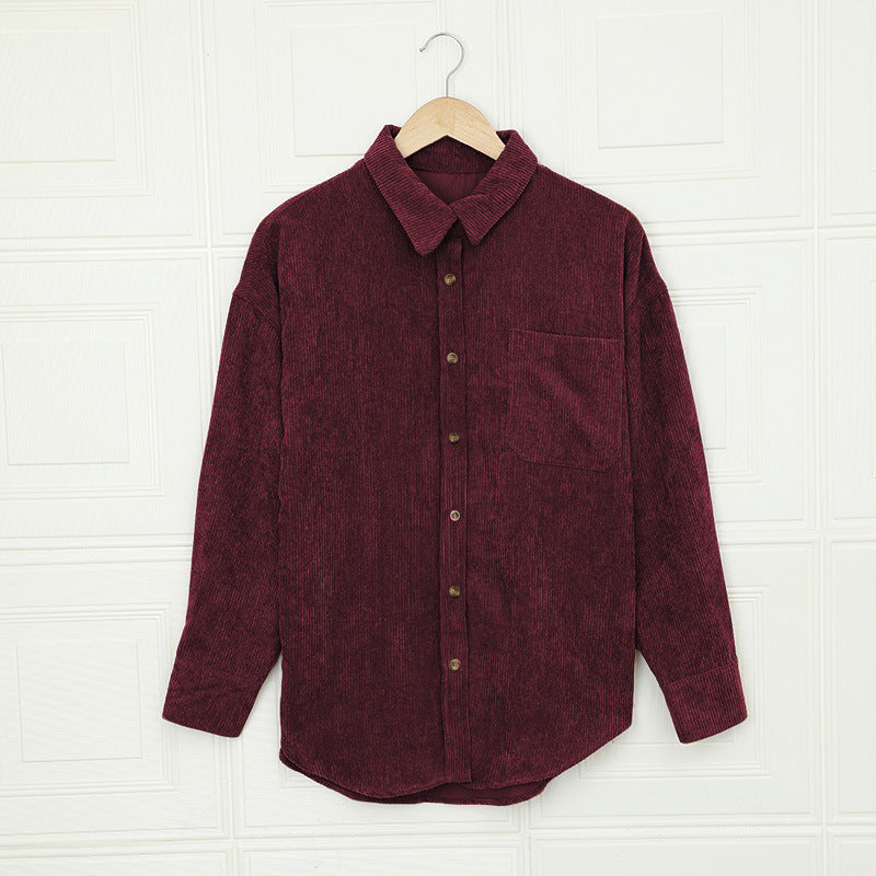 Color ’s Autumn Winter Corduroy Cardigan Shirt With Breasted Collar and Pocket
