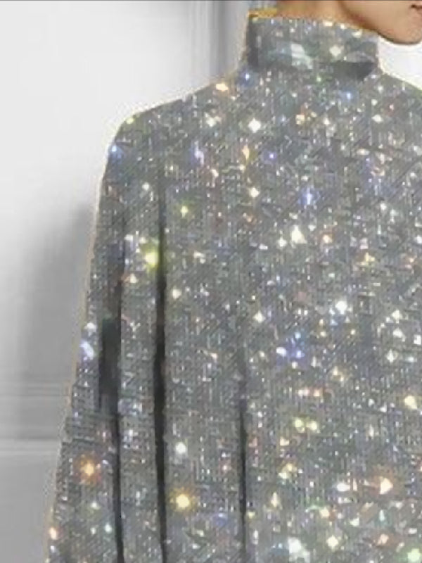 Long Sleeves Loose Printed Shiny High Neck T-shirts Tops
