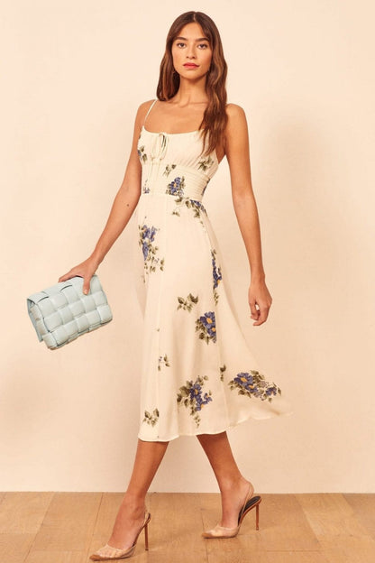 Smock Elastic Lace Up Cami Midi Dress Beige