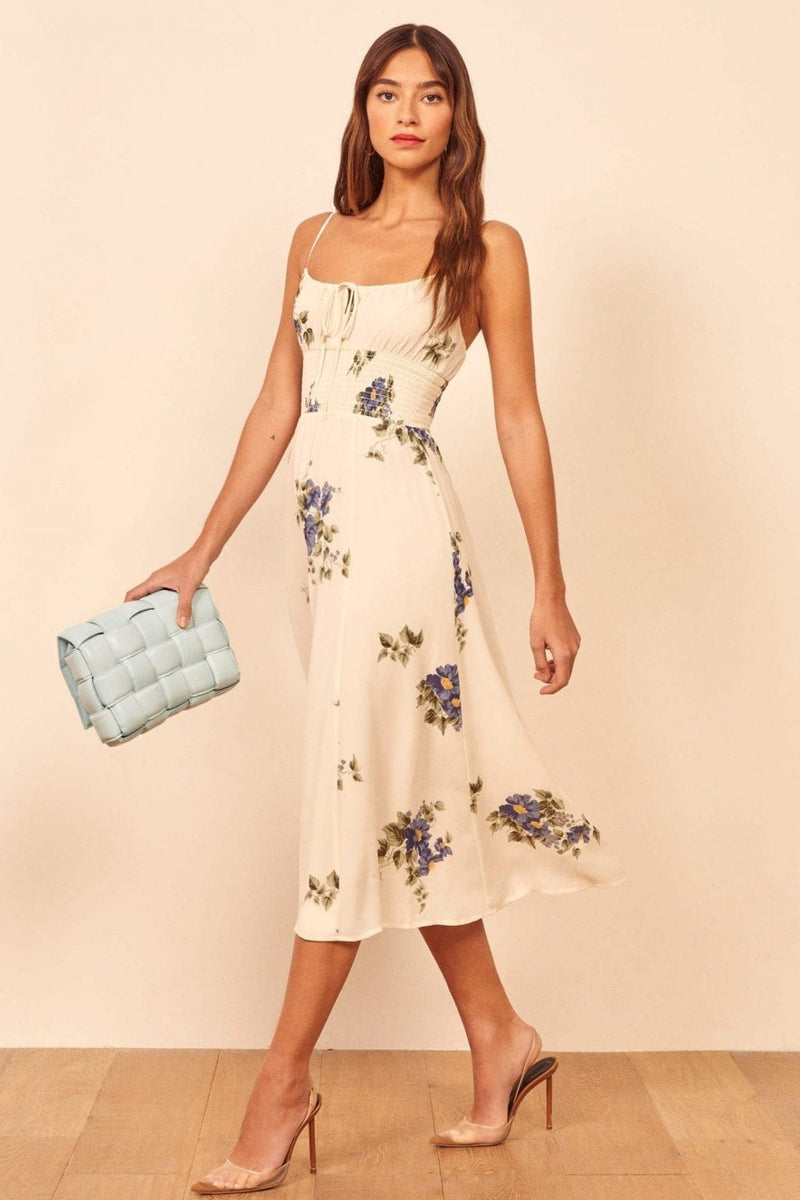 Smock Elastic Lace Up Cami Midi Dress Beige