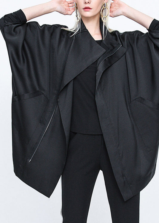 Black Stand Collar Zippered Batwing Trench Coats Long Sleeve