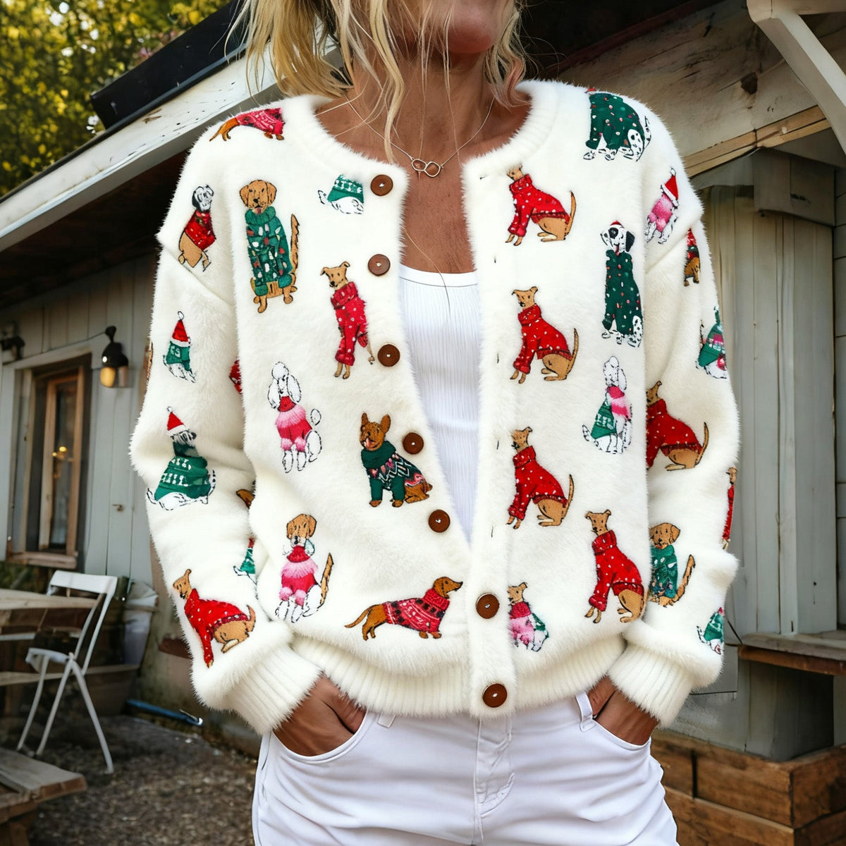 Comstylish Christmas Puppy Women's Comfortable Cardigan Sweater
