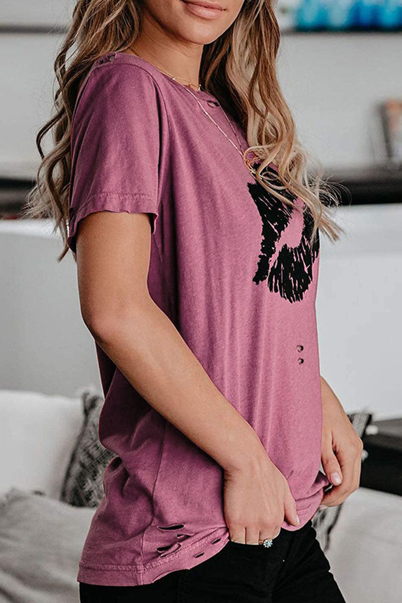 Sweet Print Split Joint O Neck T-shirts(3 Colors)