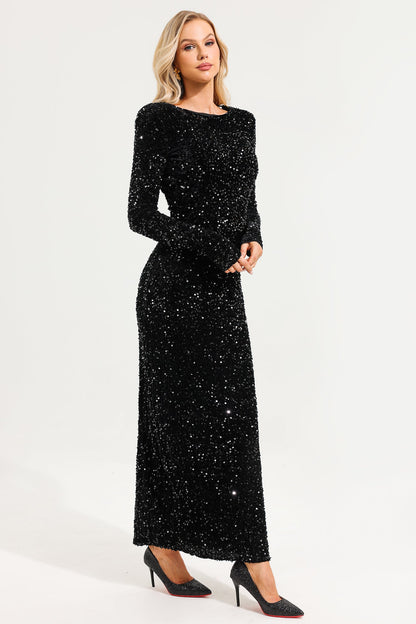Sequin Backless Long Sleeve Maxi Dress