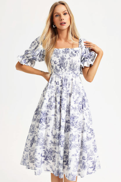 Printed Square Collar Bubble Sleeve Midi Dress