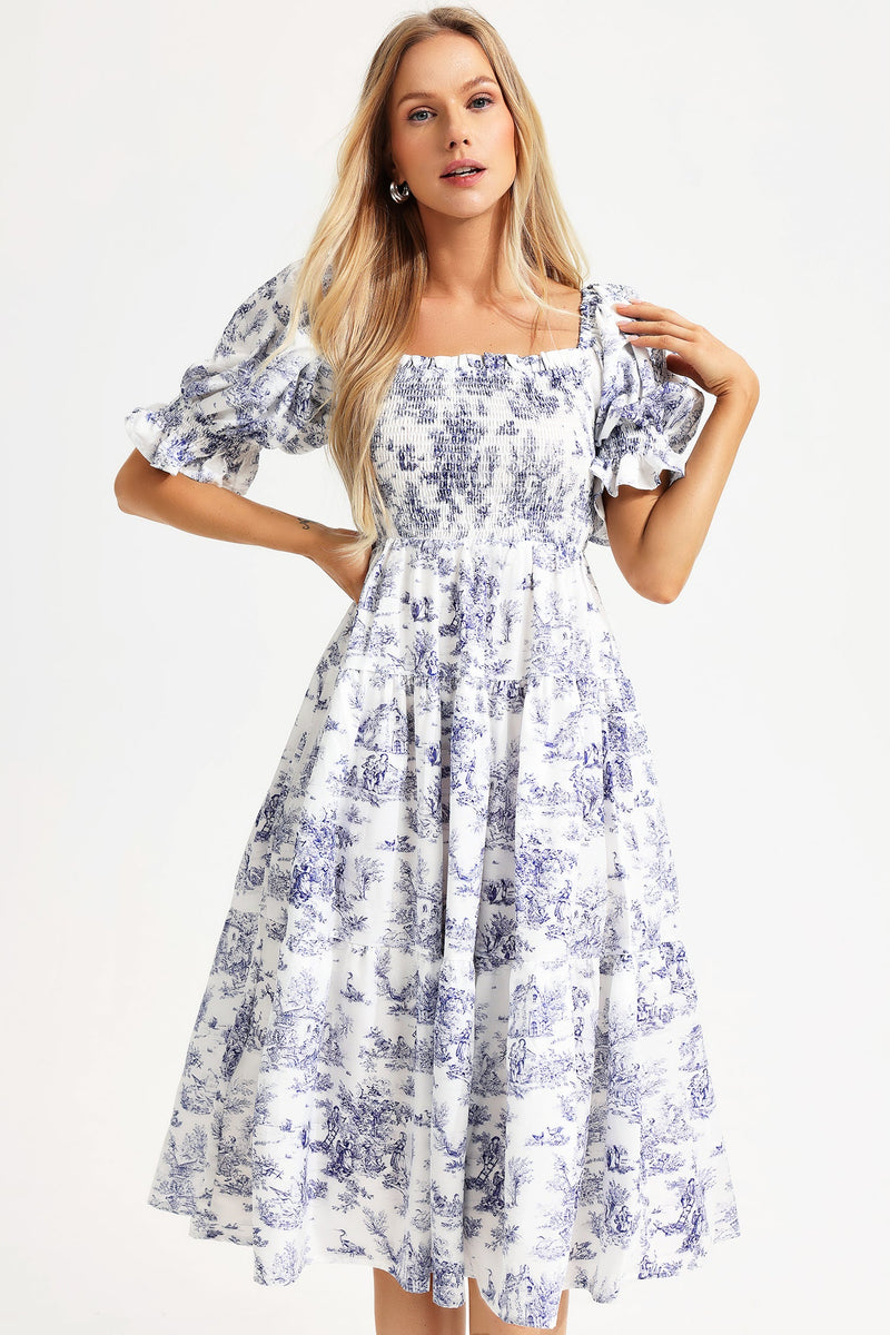 Printed Square Collar Bubble Sleeve Midi Dress