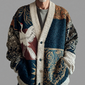Japanese Art Style Crane And Geometric Color Block Plant Flower Pattern Men's Retro Cardigan Sweater Jacket elevenforest