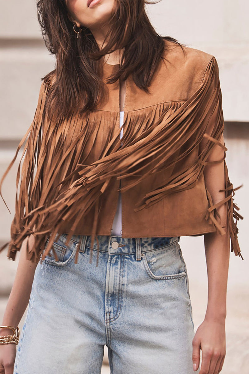 Street Color Fringed Trim O Neck Waistcoats