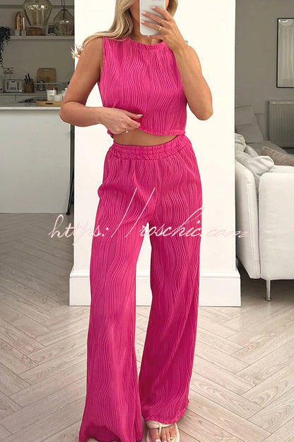 Color Water Wave Crew Neck Tank Top and Elastic Waist Straight Pants Set