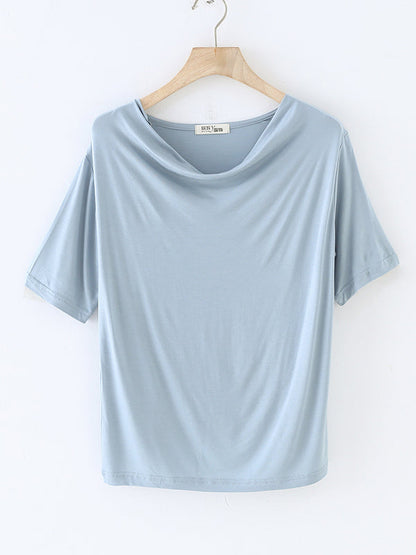 Short Sleeves Pleated Color Heaps Collar T-shirts Tops