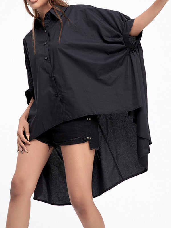 Batwing Sleeves High-low Color Lapel Blouses&shirts Tops
