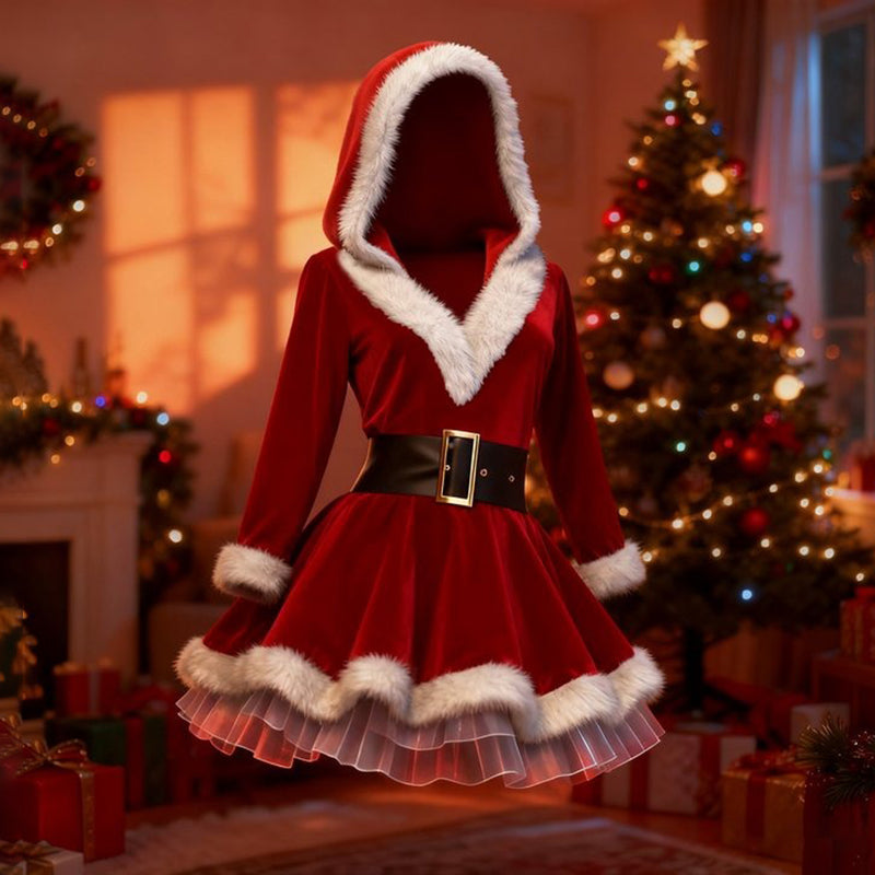 Comstylish Retro Christmas Outfit Fluffy Velvet Hooded Dress（includes Belt And Inner Skirt）