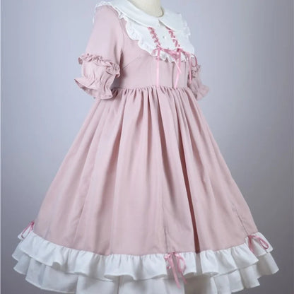 Japanese Kawaii Peter Pan Collar Lolita Dresses Patchwork Bowknot Ruffles Sweet Vestido Princess Party Femme Robe