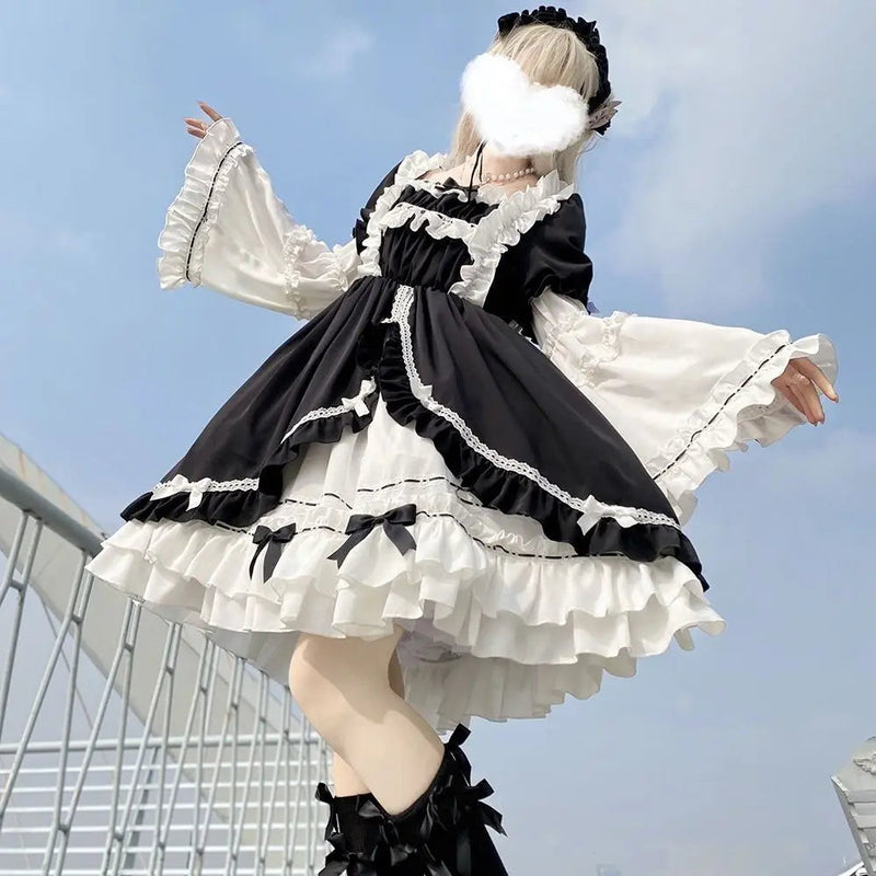 Contrast Color Japanese Dress Ruffled Patchwork High Waist Fairy Robe Y2k Aesthetic Sweet Dresses Vestido De Mujer