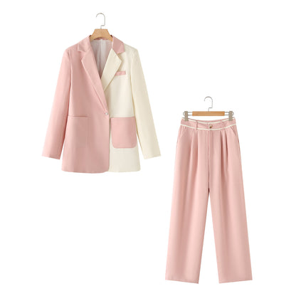 Clothing High Grade Contrast Color Blazer High Waist Straight Work Pant Suit