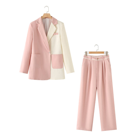 Clothing High Grade Contrast Color Blazer High Waist Straight Work Pant Suit