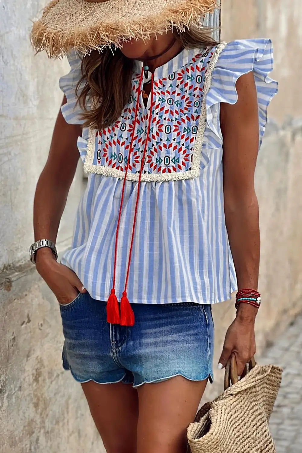 Sky Blue Geo Embroidered Blouse