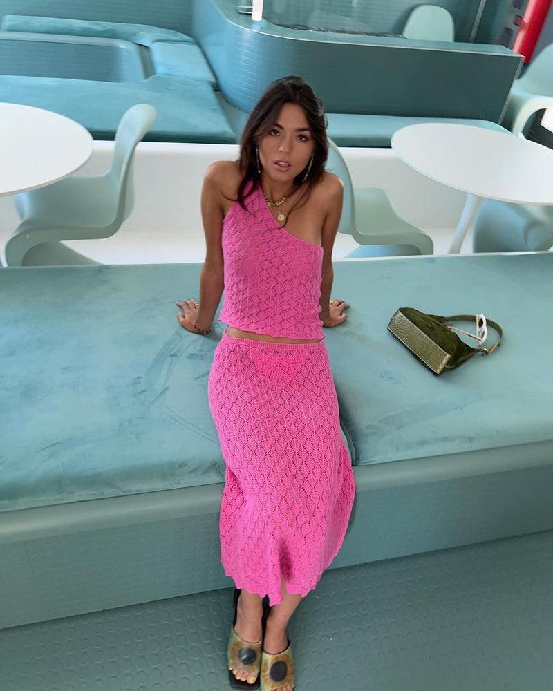 One Shoulder Knitted Camisole Beach Top Short Cropped Cropped Backless Underwaist Half Length Skirt Set for