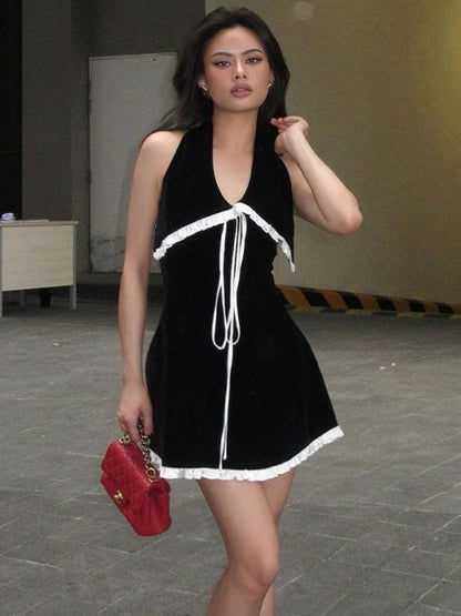 Taruxy Lace Splice Backless Dress for Black Slim Sleeveless Halter Neck Dresses Female Bandage Mini Dress Woman