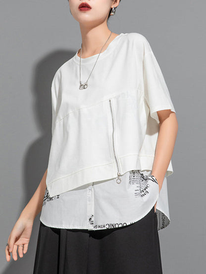 False Two Loose Printing Split-joint Round-neck T-shirts Tops