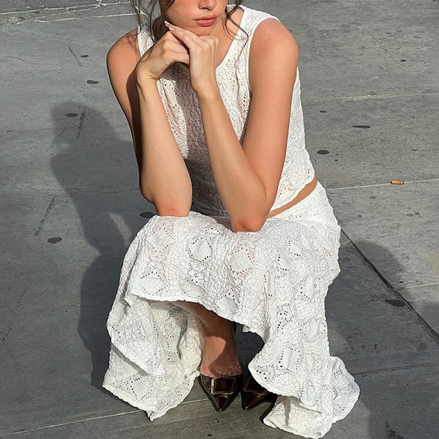 Taruxy Lace Skirt Suit Summer White Slim Sleeveless Crop Tops Holiday Beach Skirt 2 Piece Set Outfits