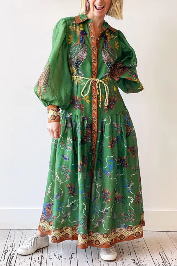 Autumn Printed Cardigan Dress With Wide Hem and Long Sleeves for