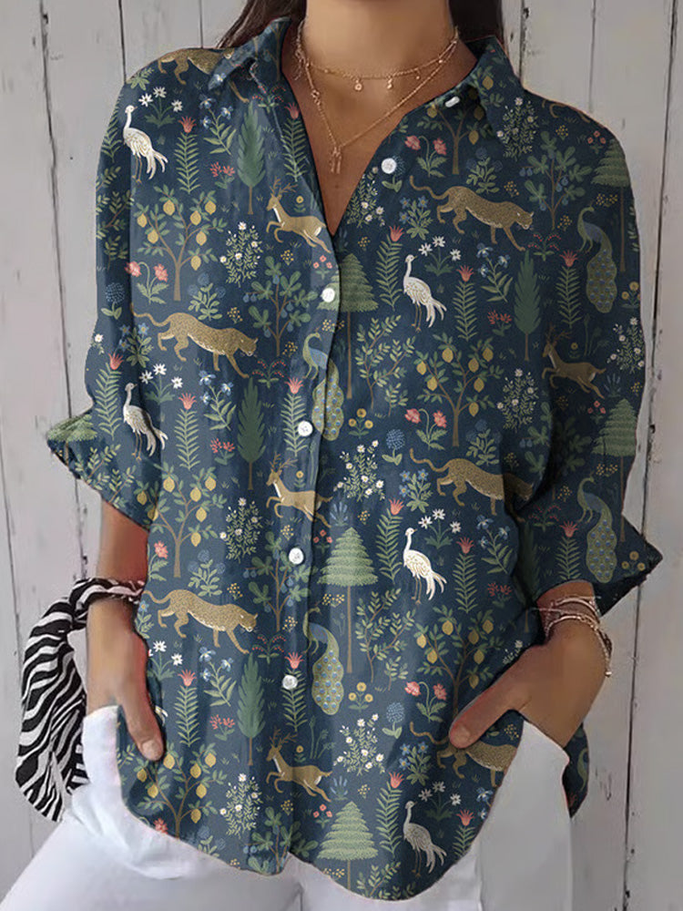 Comstylish Women's Casual Retro Forest Animal Print Cotton And Linen Shirt