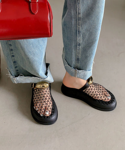 Black Hollow Out Breathable Mesh Platform Slide Sandals Oi075