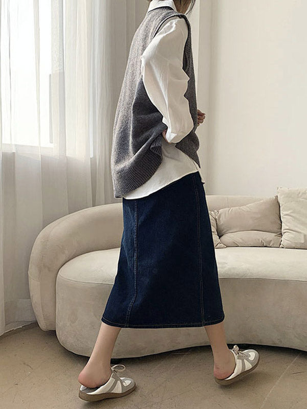 High-low Loose Color Split-joint Split-side Round-neck Knitwear Vest Top