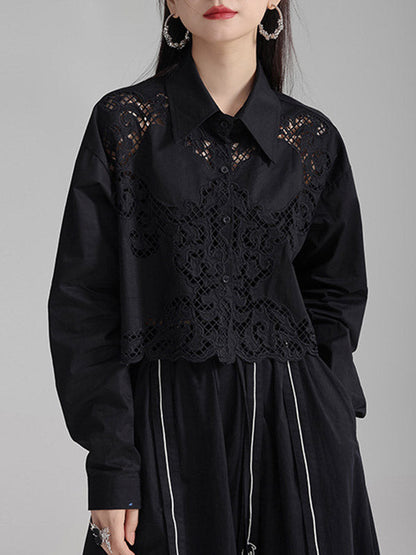 Long Sleeves Loose Buttoned Hollow Color Lapel Blouses&shirts Tops