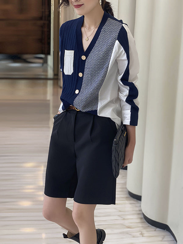 Urban Long Sleeves Contrast Color Split-joint V-neck Cardigan Tops