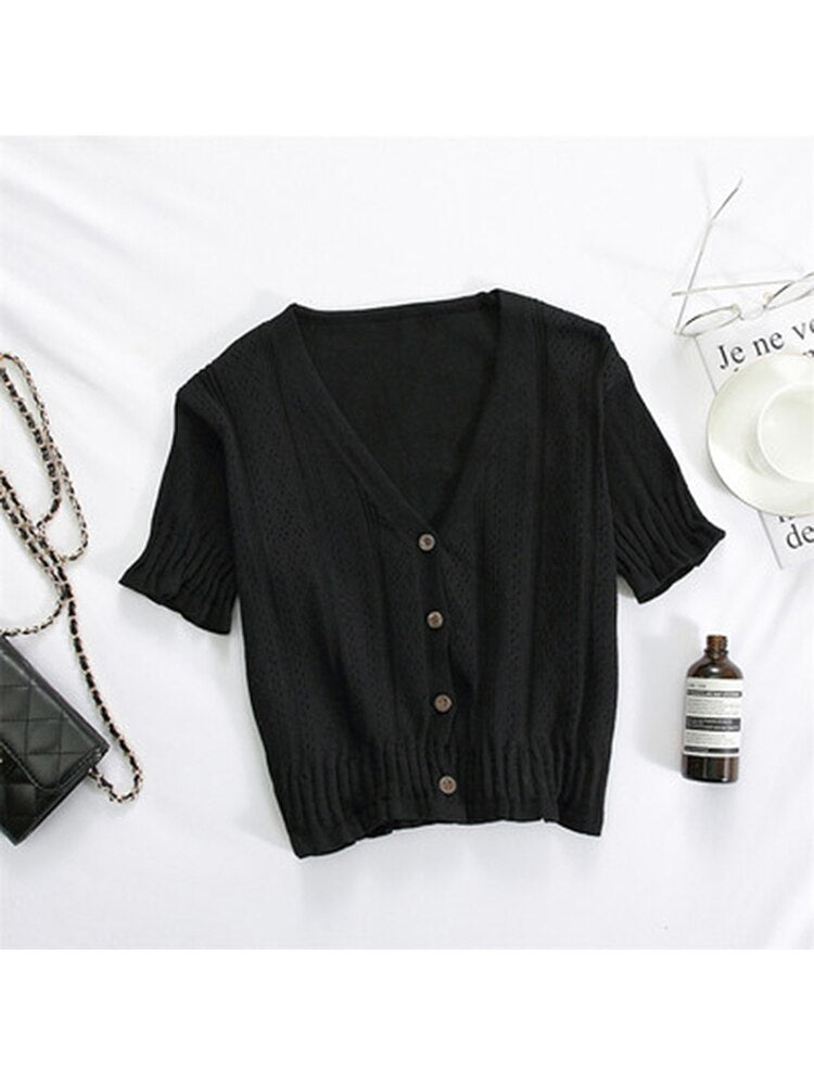 T-shirts V-neck Button Up Tees Short Sleeve T-shirts Knitted Cadigans Crop Tops for Summer Tee