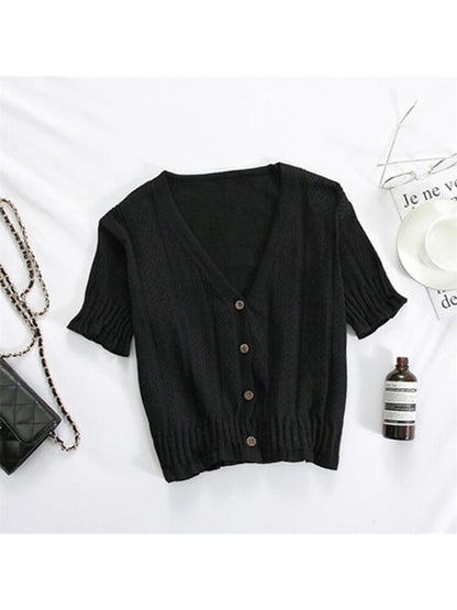 T-shirts V-neck Button Up Tees Short Sleeve T-shirts Knitted Cadigans Crop Tops for Summer Tee